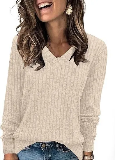 Ribbed Brushed Rayon V-Neck Top