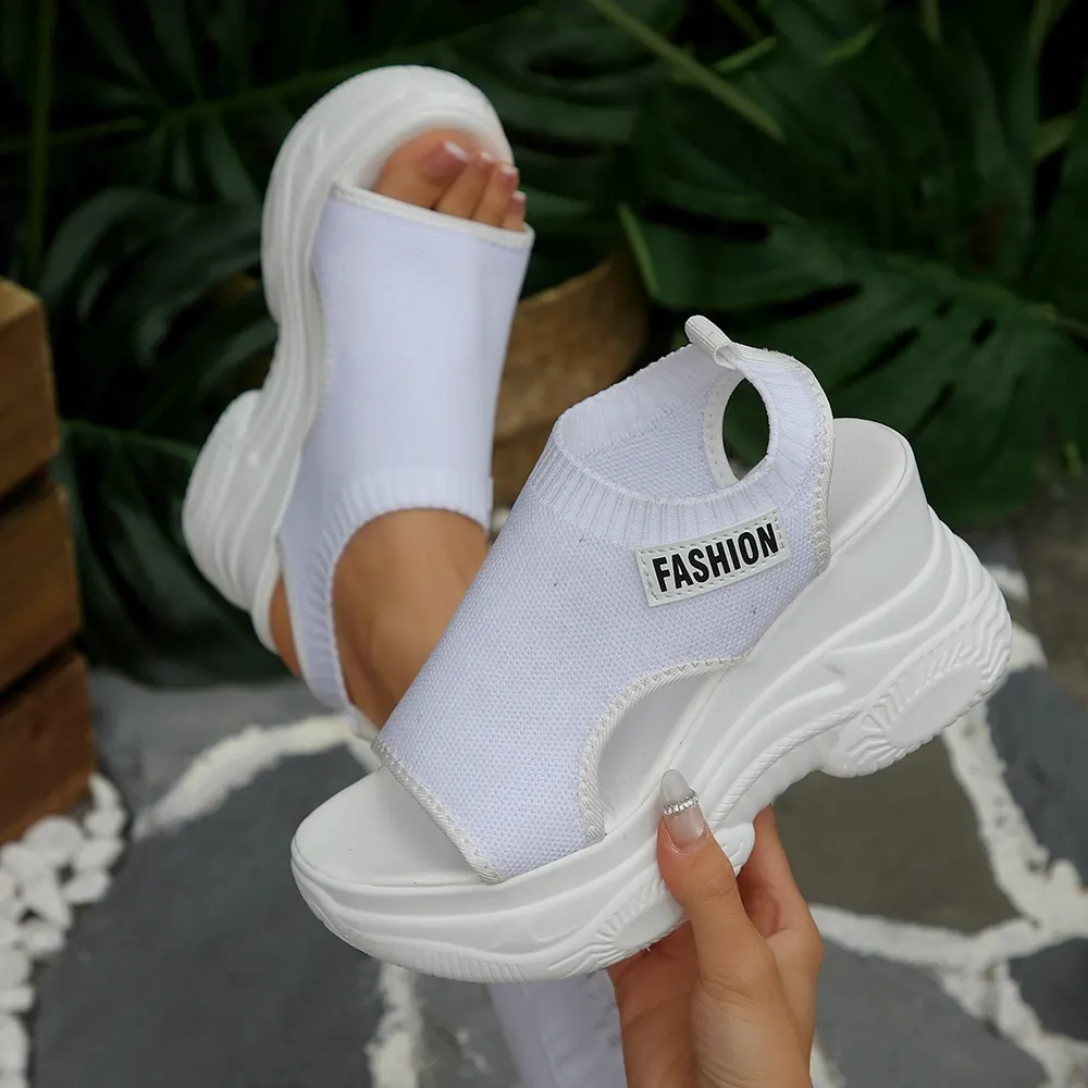 Thick-Sole Peep-Toe Leather Wedge Sandals