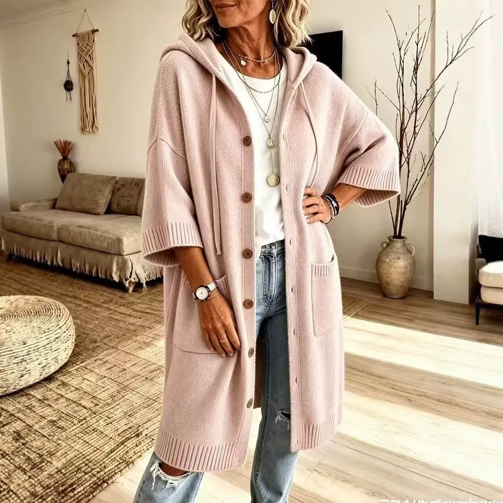 Hooded Button-Down Knit Cardigan