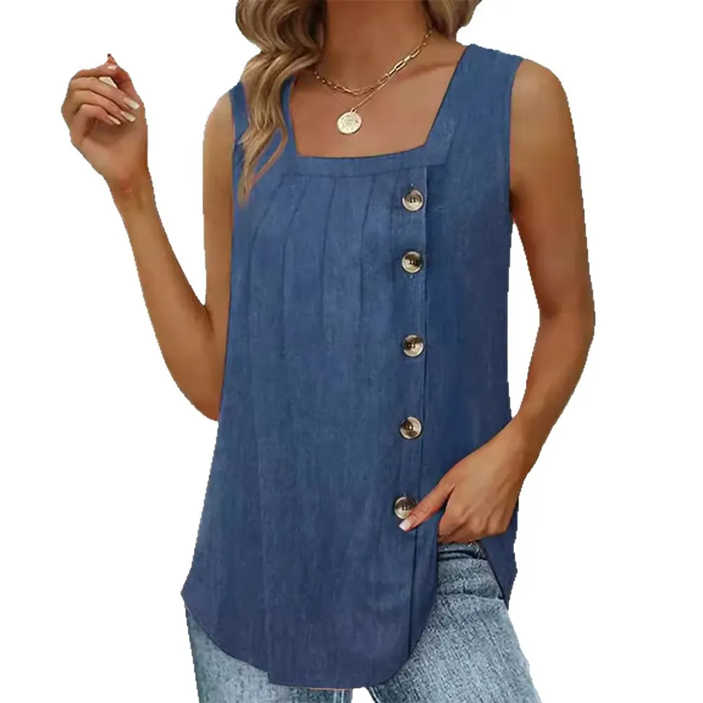 Pleated Square Neck Button Vest