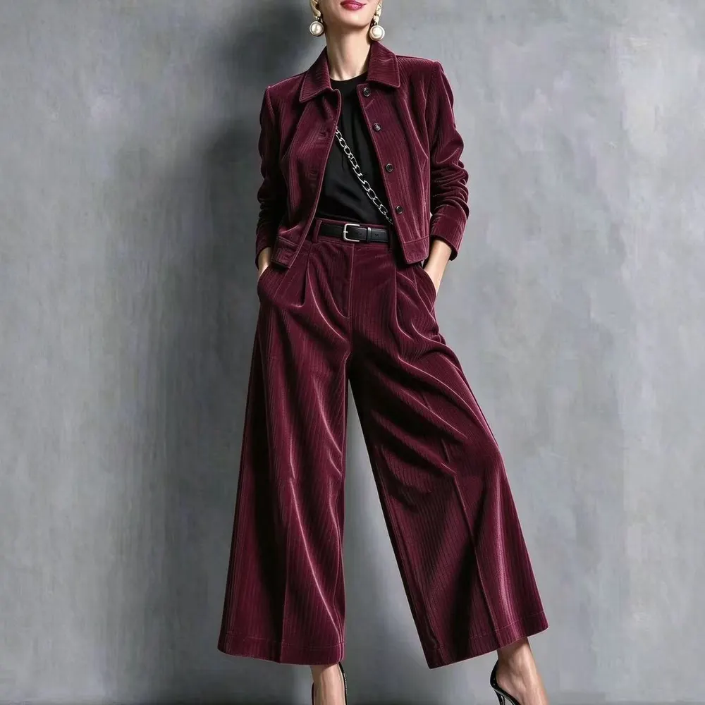 Lapel Cropped Jacket and Wide-Leg Pant Set