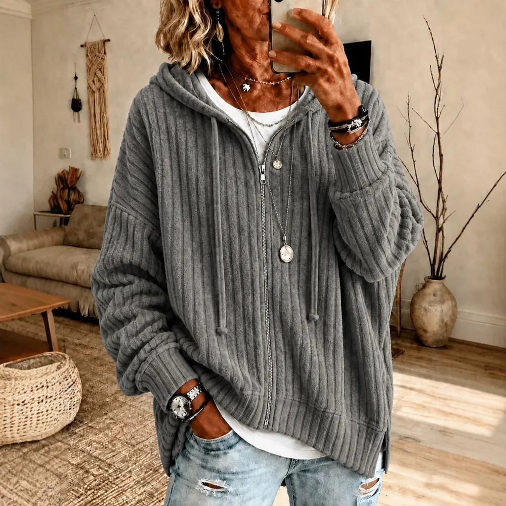 Ribbed Brushed Zip-Up Cardigan