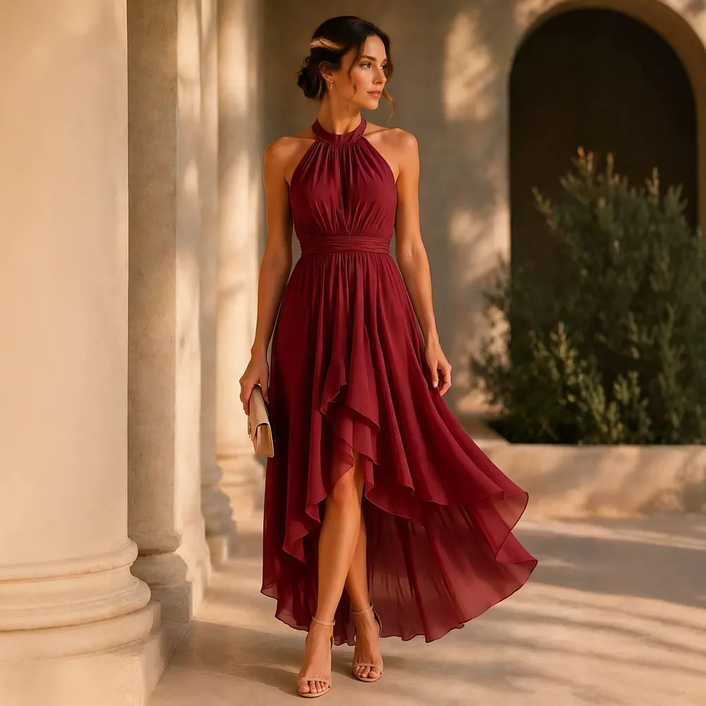 Chiffon Halter Dress with Cinched Waist