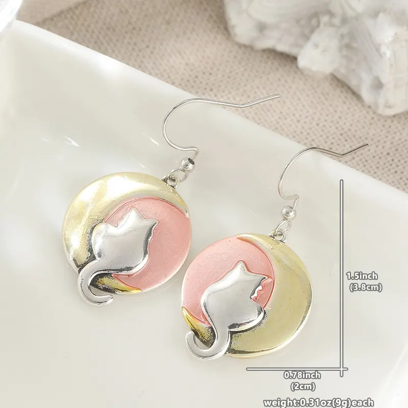 Cat and Moon Layered Drop Earrings