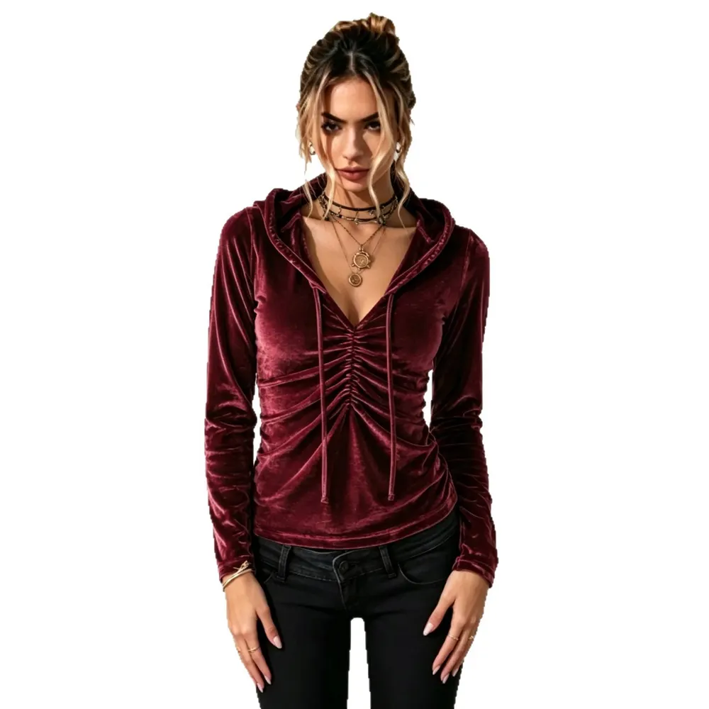 Pleated Drawstring Hooded Sweatshirt