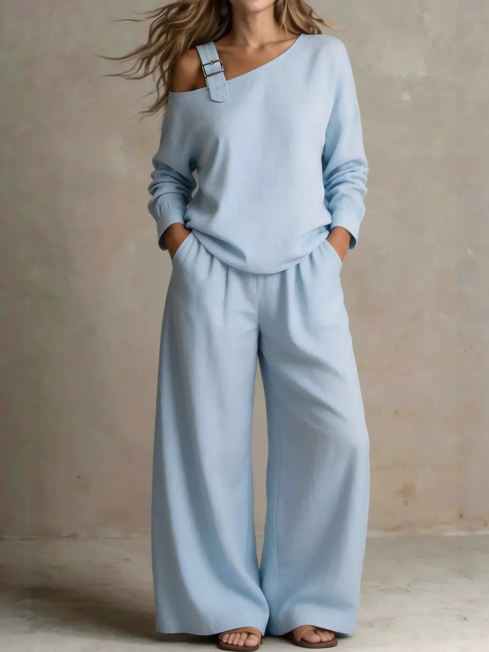 Linen Blend One-Shoulder Two-Piece Set