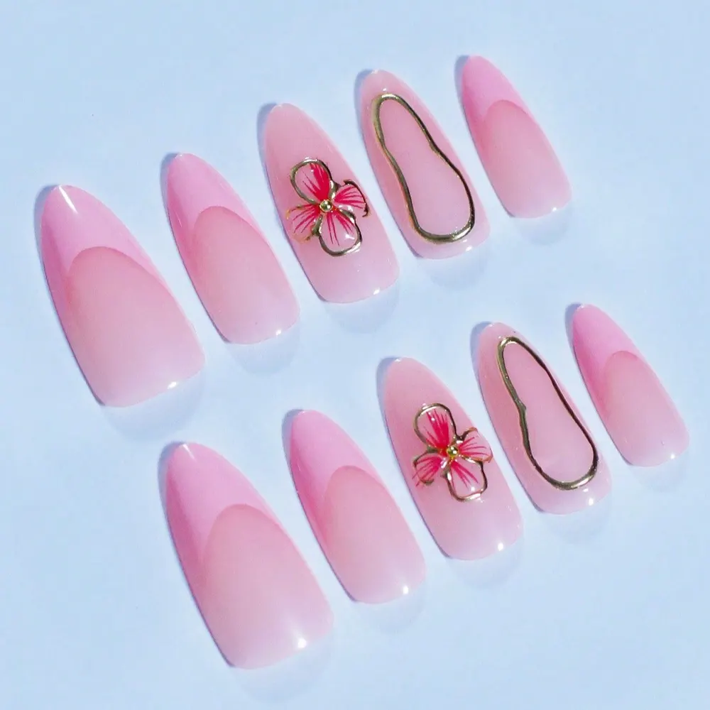 Pink French Press-On Nails with 3D Florals