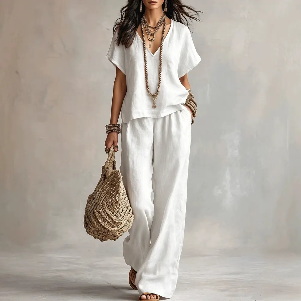 Solid Color V-Neck Top and Trousers Set