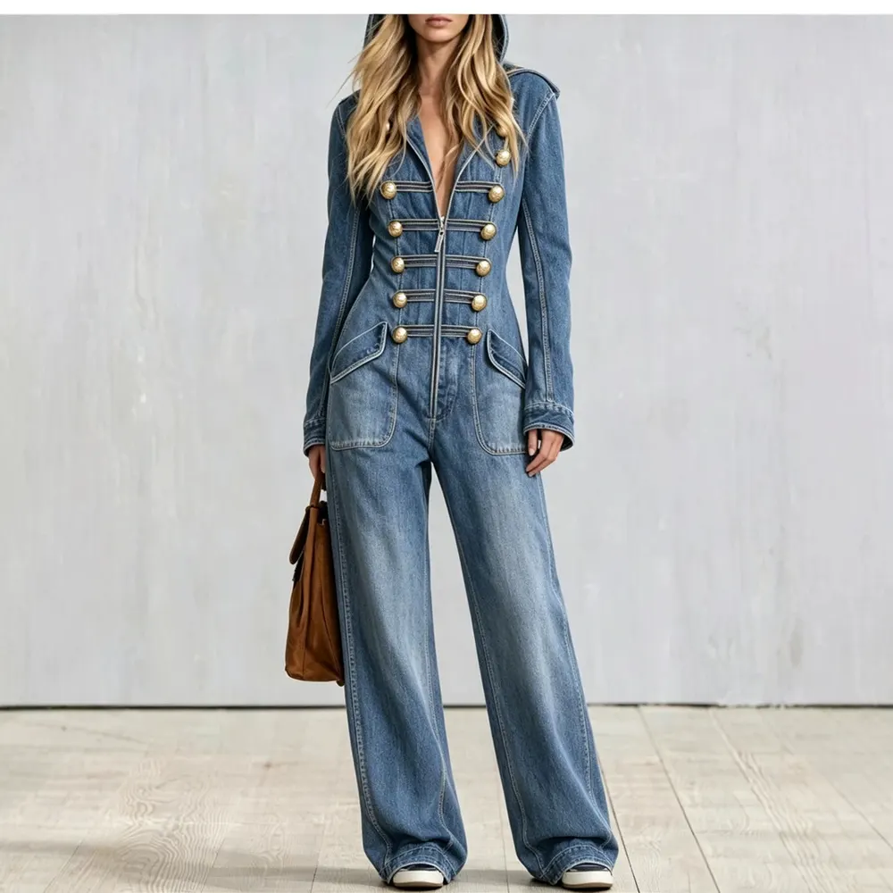 Vintage Print Denim Hooded Jumpsuit
