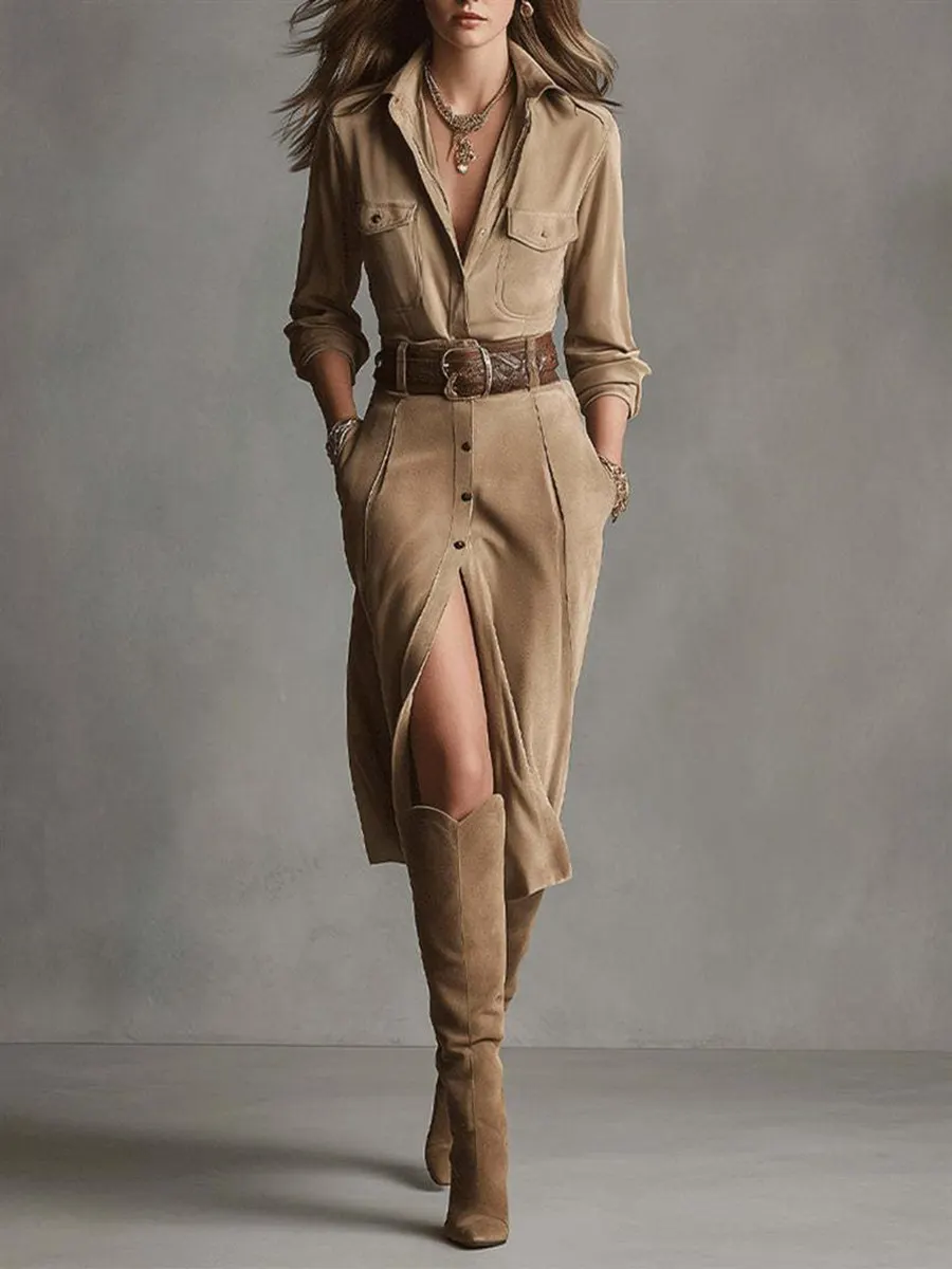 Suede Button-Down Midi Dress with Belt