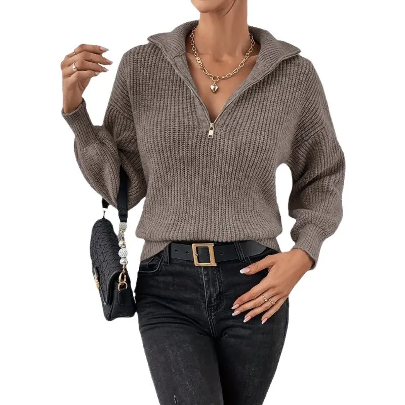 Polo Collar Zip-Front Knit Sweater