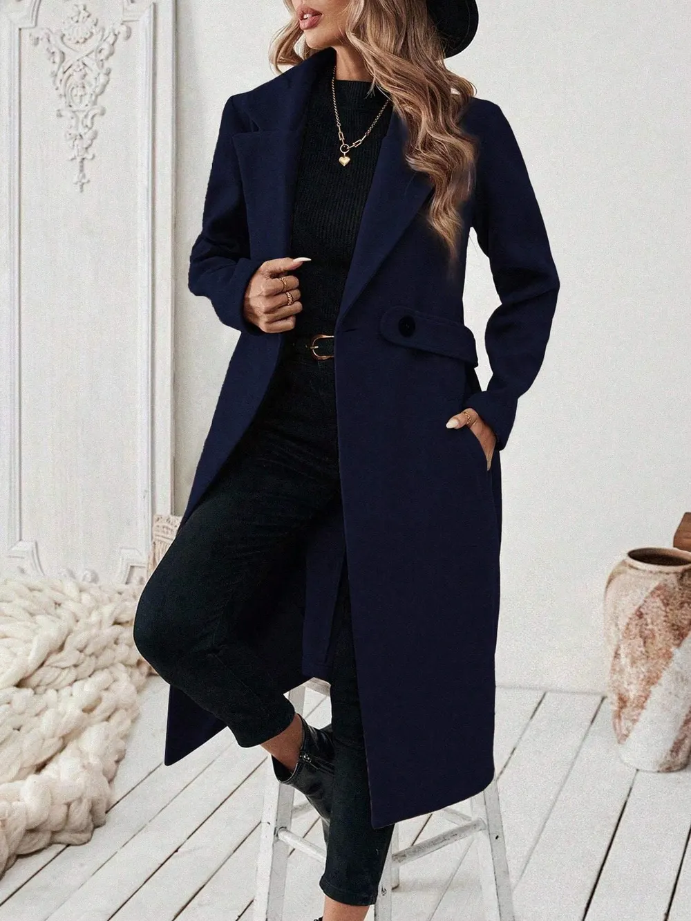 Waist-Cinching Lapel Mid-Length Coat