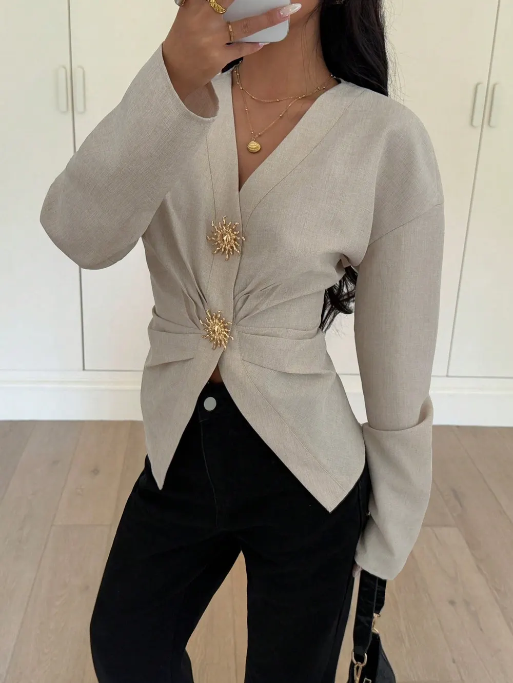 Square-Neck Puff-Sleeve Waist-Defining Top