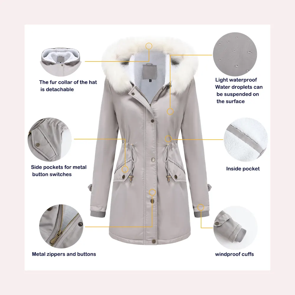 Hooded Padded Coat with Detachable Fur Collar