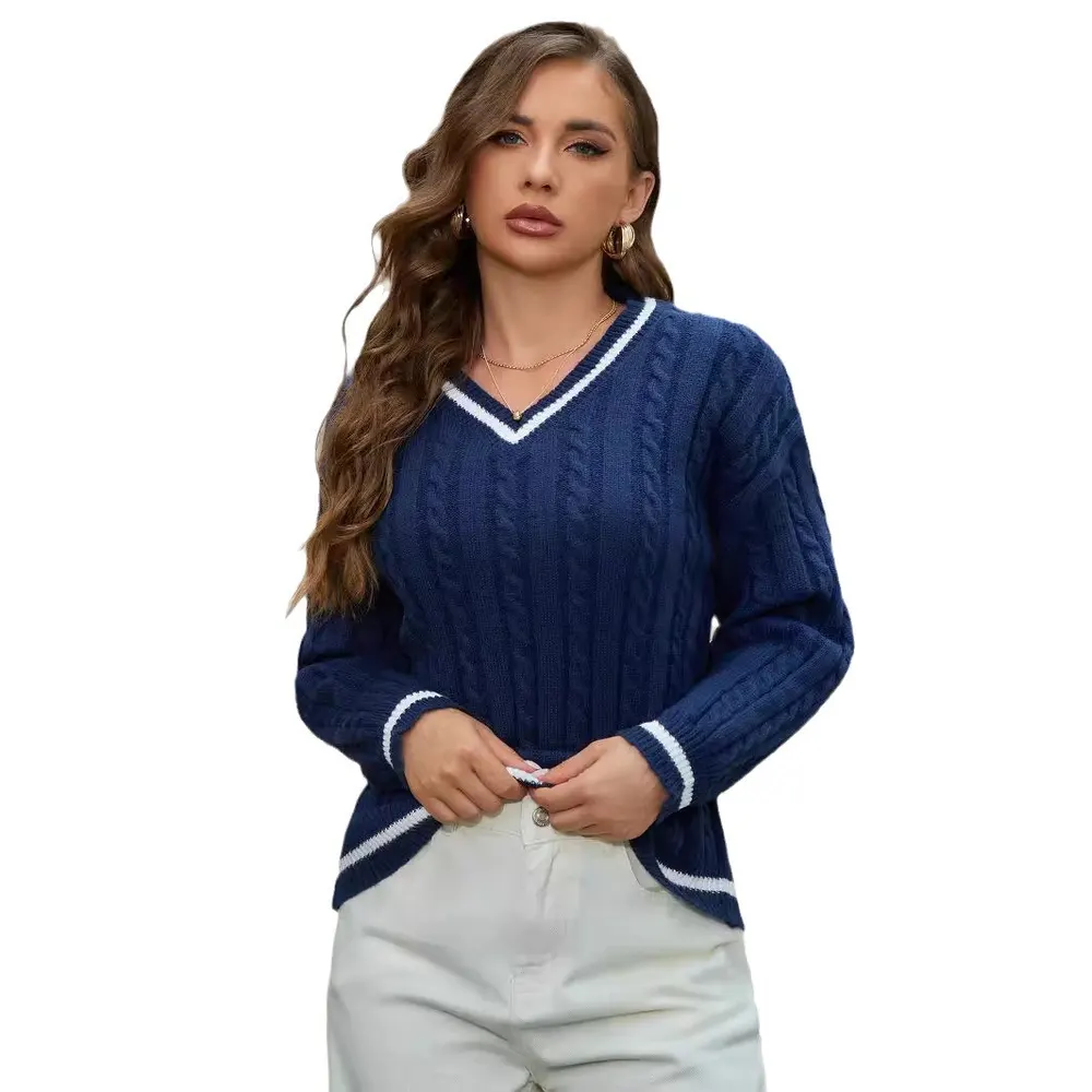 V-Neck Twist-Knit Pullover with White Trim