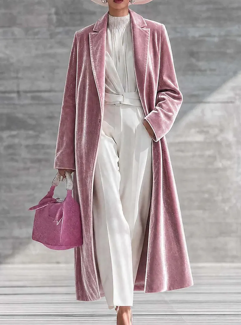 Long Velvet Coat with Turn-Down Collar