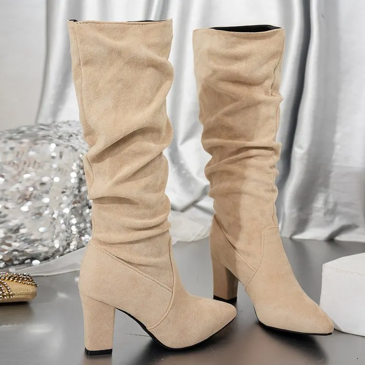 Pleated Flock Mid-Calf Boots