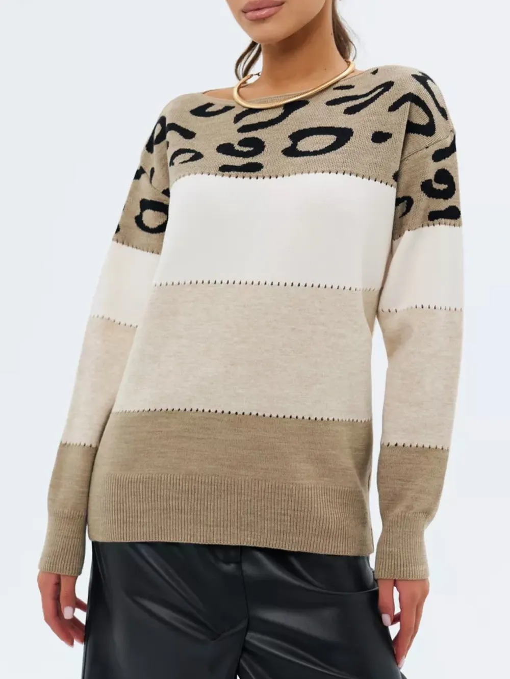 Leopard Print Color-Block Knit Pullover