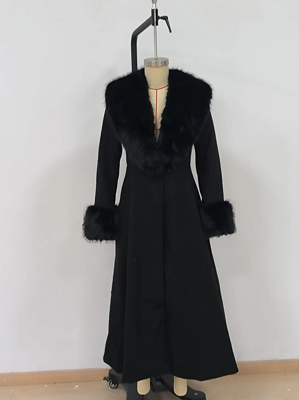 Faux Fur Collar Fit-and-Flare Long Coat