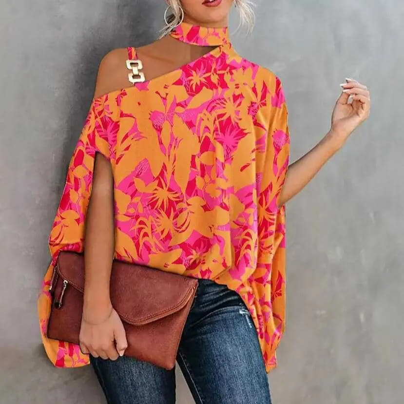 Printed Halter Shirt with Bat Sleeves