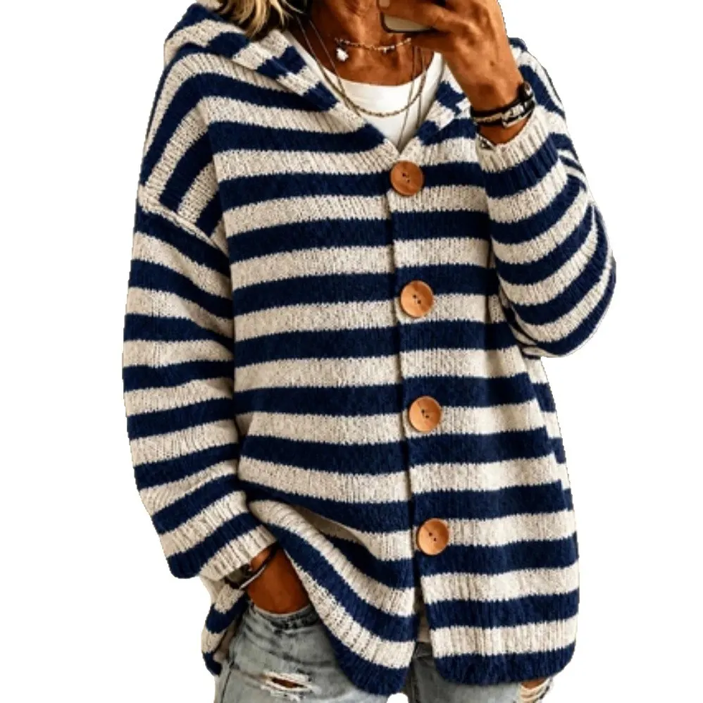 Striped Hooded Button-Front Cardigan