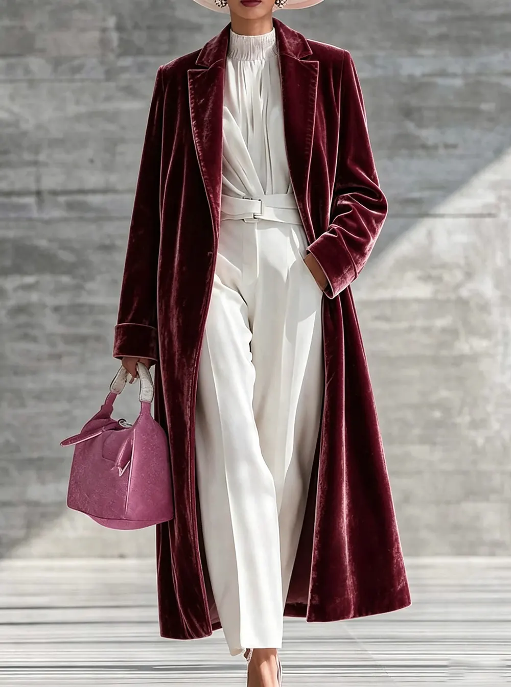 Knee-Length Velvet Coat with Notched Collar