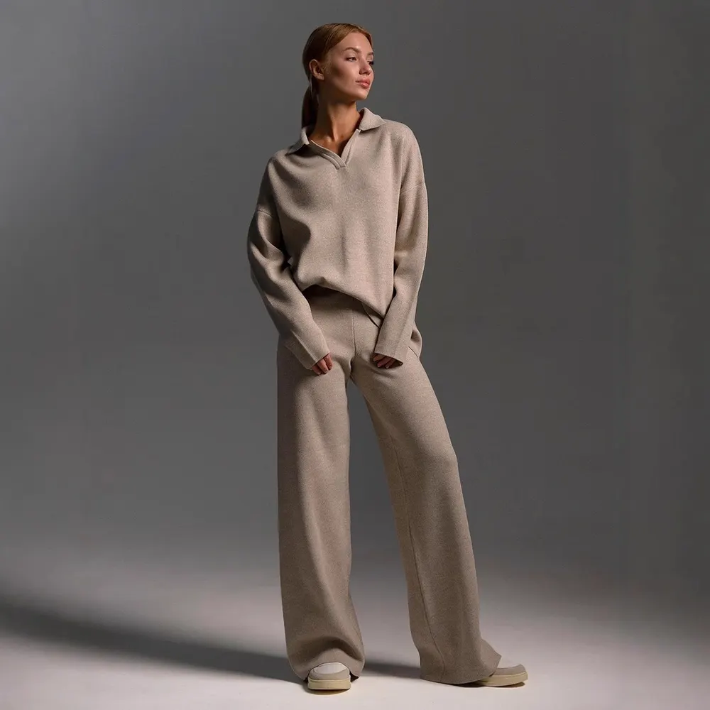 Solid Color Polo Neck and Wide Leg Set