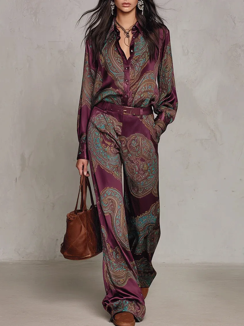 Long-Sleeve Paisley Shirt and Wide-Leg Pants Set