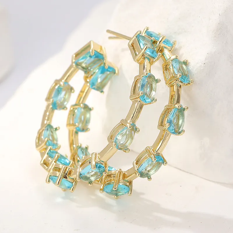Aqua Crystal Gold-Tone Hoop Earrings