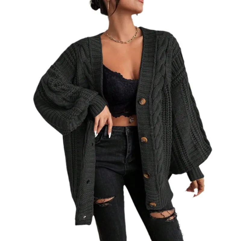 V-Neck Twist Knit Lantern Sleeve Cardigan