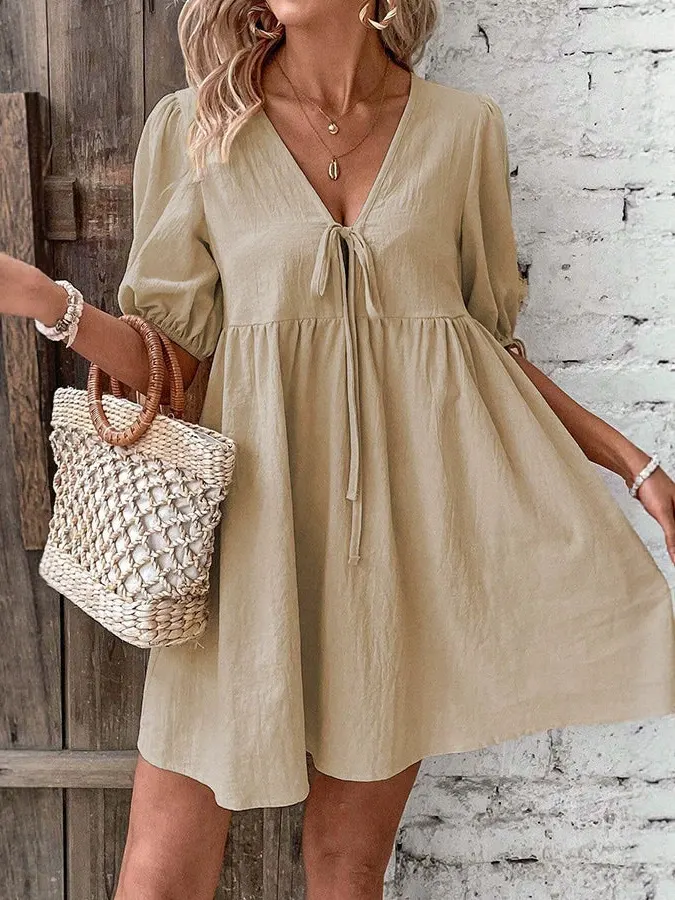 Cotton V-Neck Tie-Waist Puff Sleeve Dress