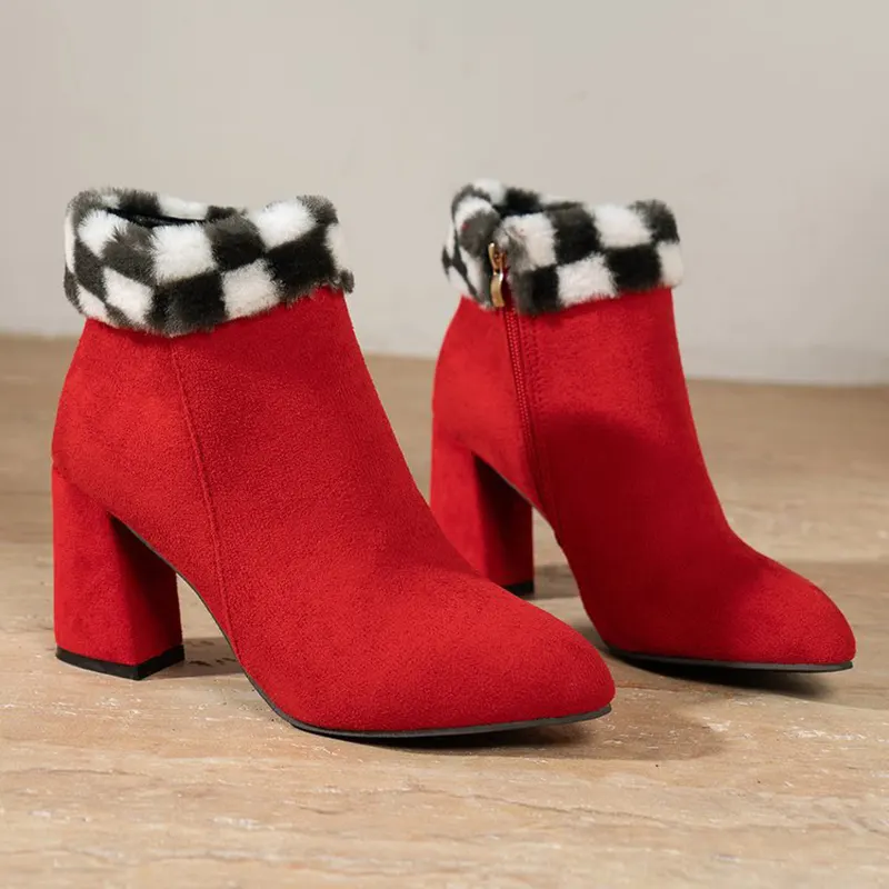 Plaid Suede Square Heel Ankle Boots