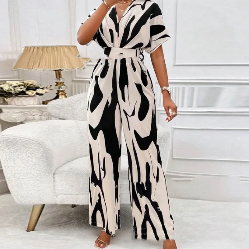 V-Neck Printed Straight-Leg Jumpsuit
