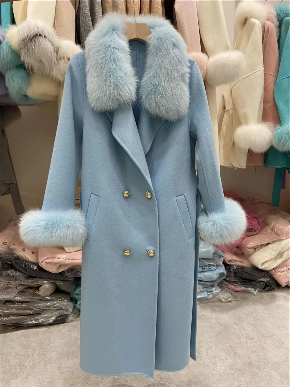 Long Double-Sided Wool Coat with Fox Fur Collar