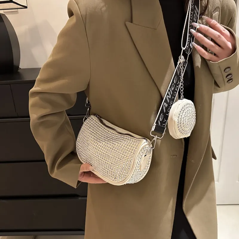 Rounded Rhinestone Shoulder Bag with Mini Purse