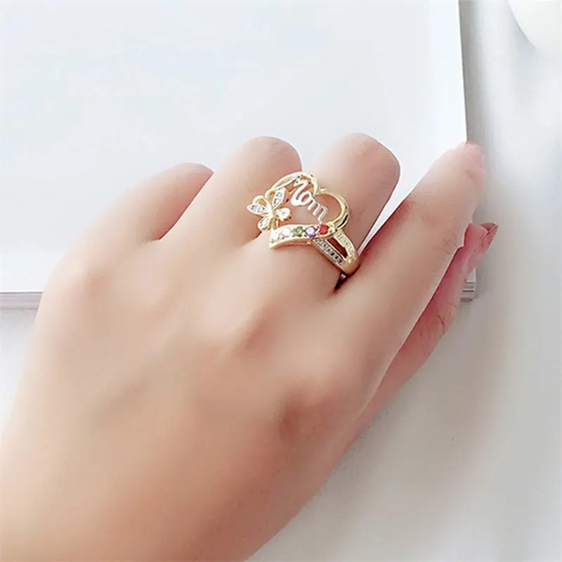 Rhinestone Heart Butterfly Ring