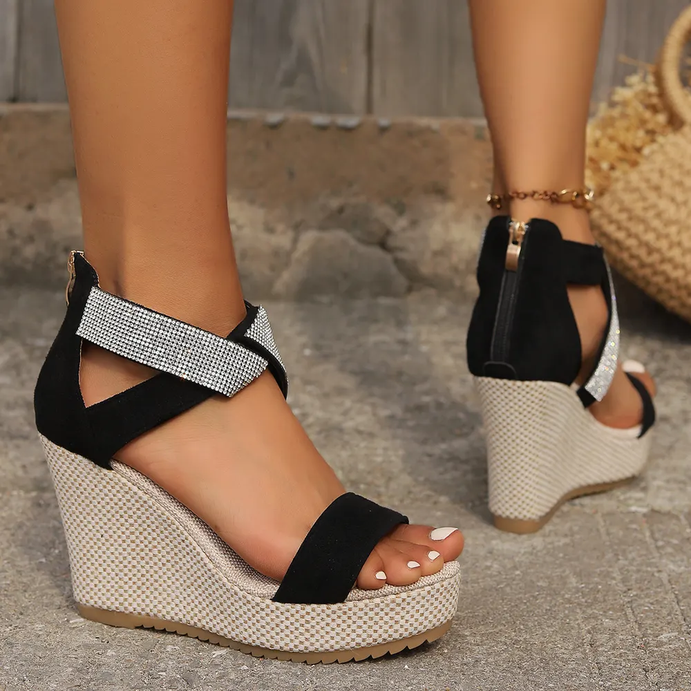 Rhinestone Peep-Toe Suede Wedge Sandals