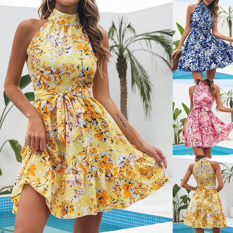 Floral Halterneck Lace-Up Ruffle Dress