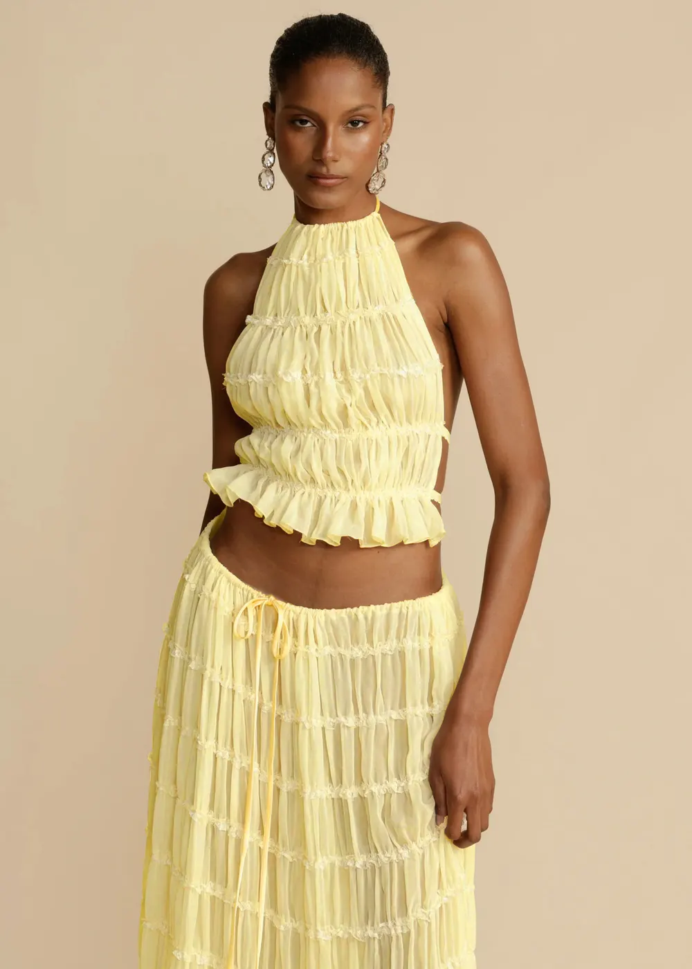 Cropped Halter Top and Pleated Maxi Skirt Set