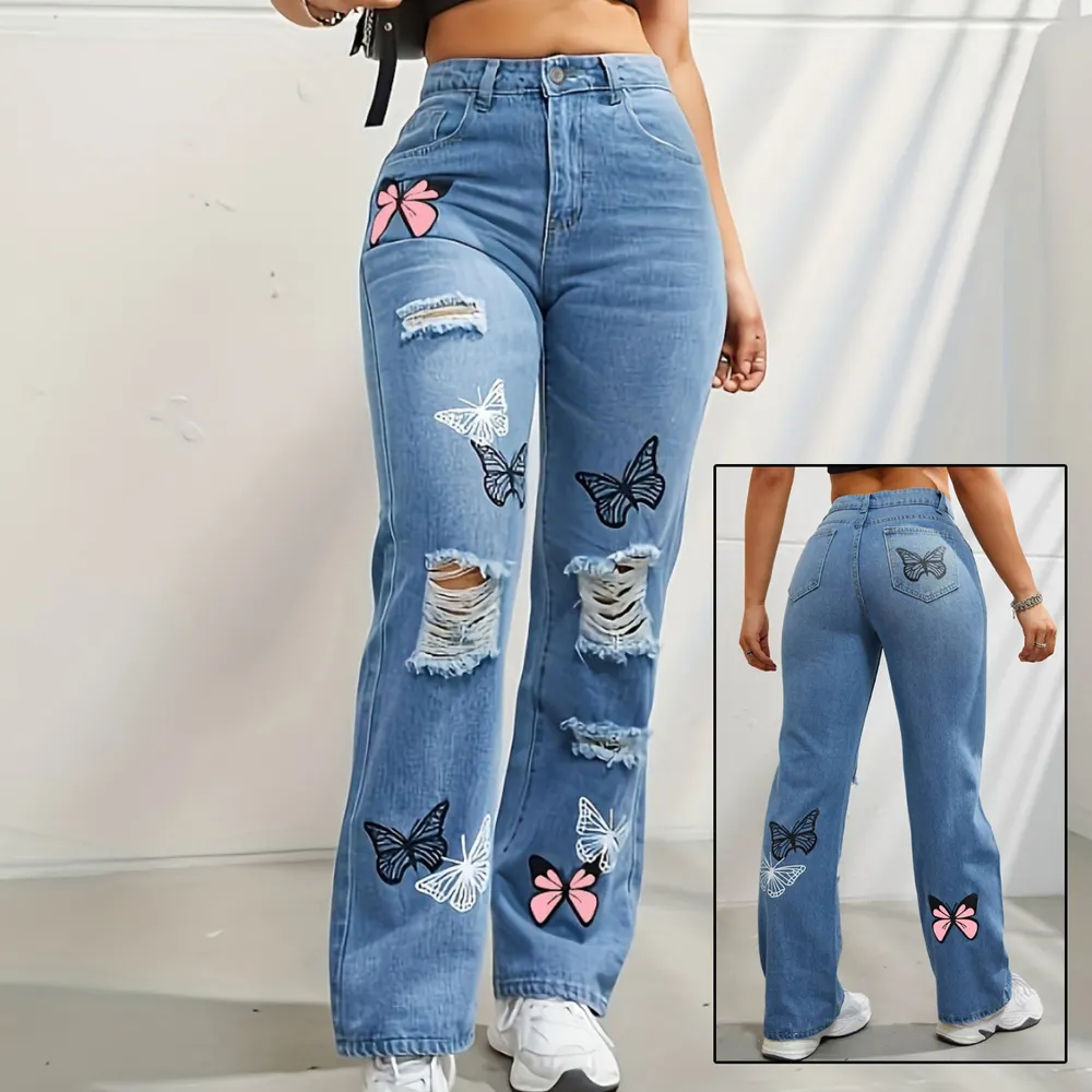 High-Rise Straight Leg Butterfly Print Jeans