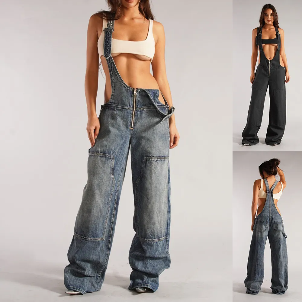 Y2K Zip-Front Wide Leg Denim Overalls