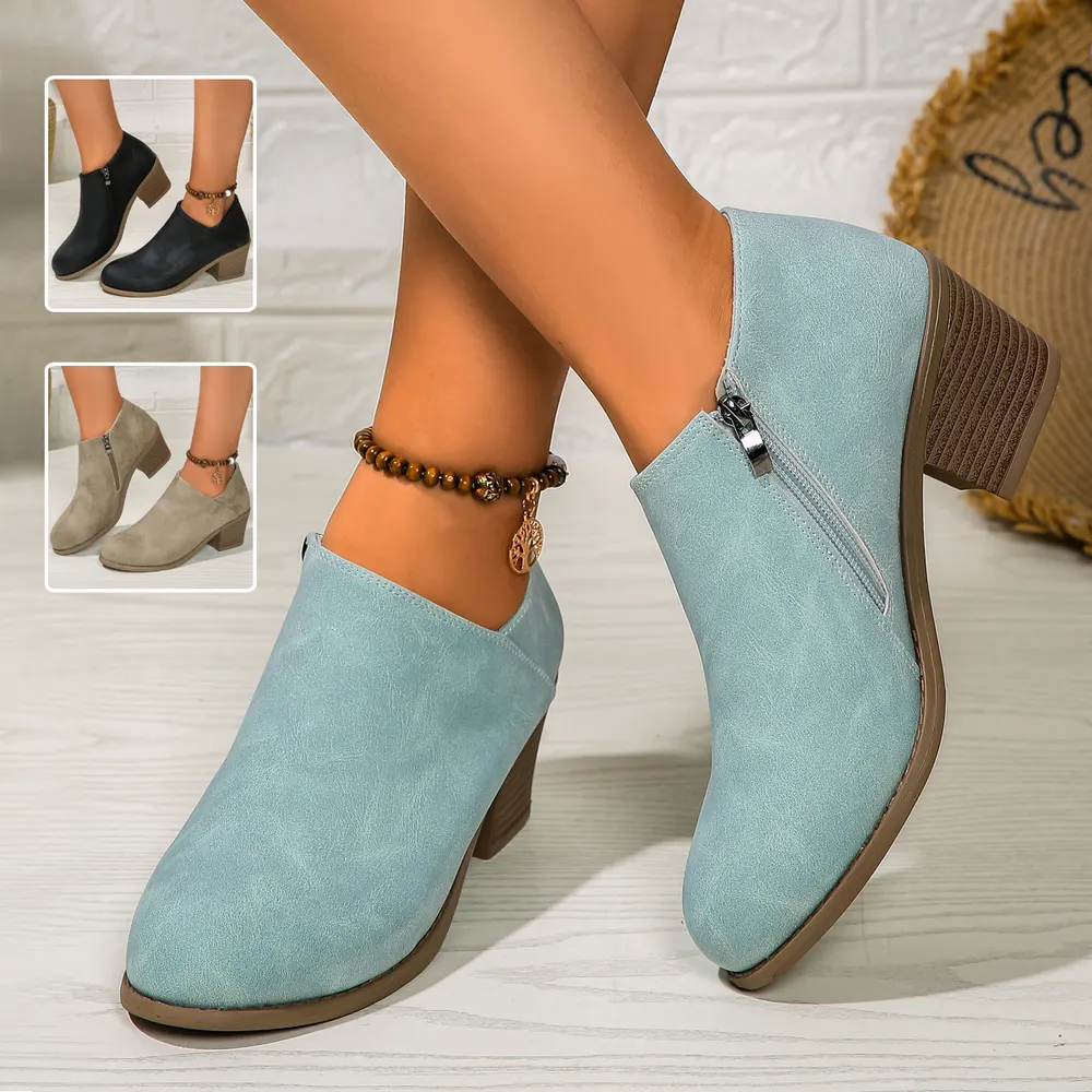 Round Toe Chunky Heel Side Zip Ankle Boots