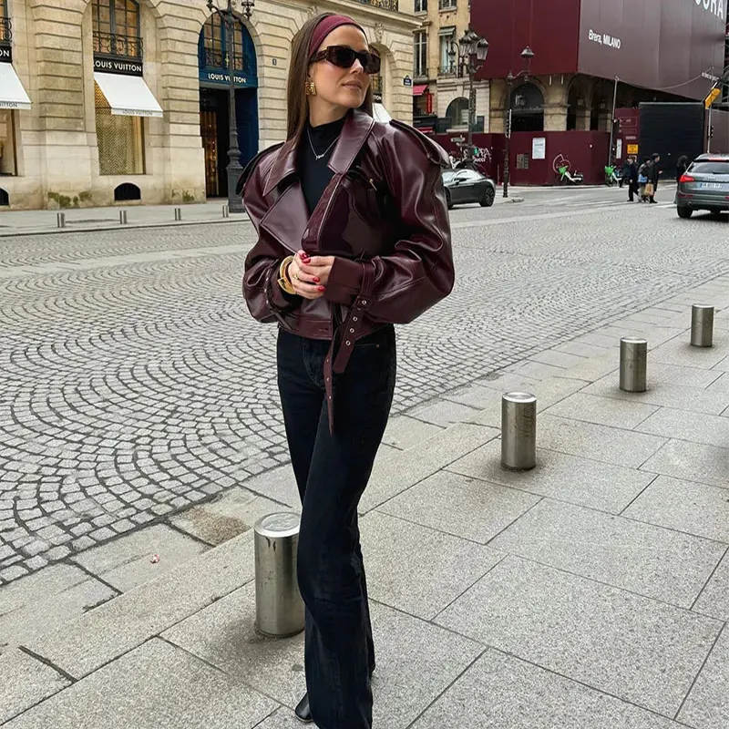 Cropped Lapel Jacket in Smooth PU