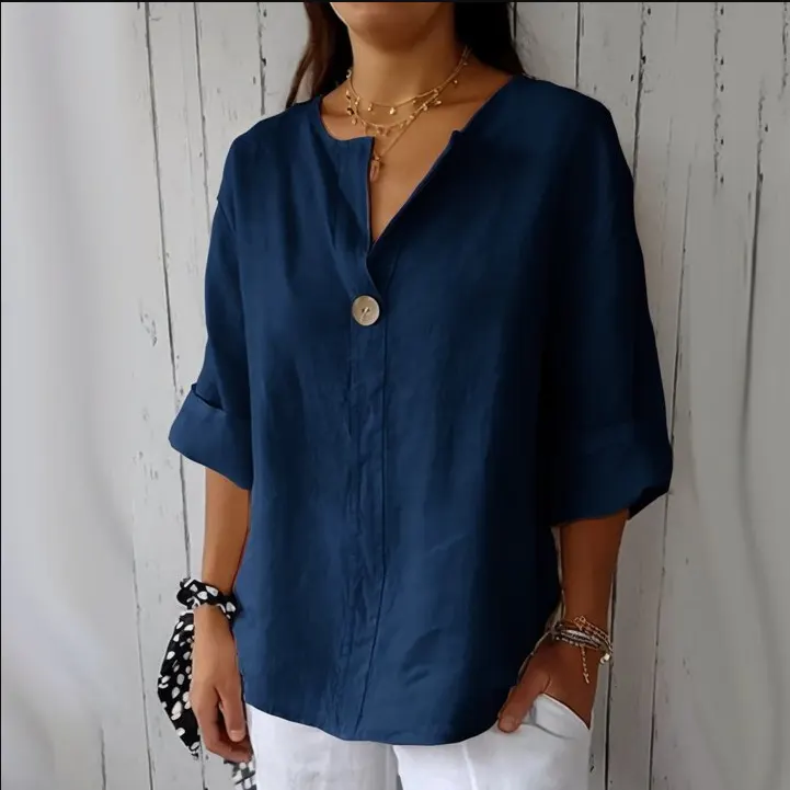 Loose V-Neck Buttoned Long-Sleeve Top