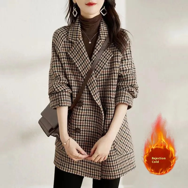 Khaki Houndstooth Suit Collar Coat