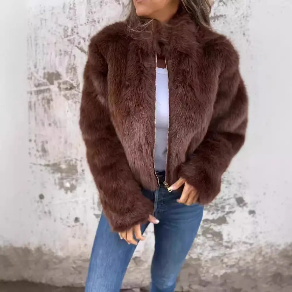 Stand Collar Faux Fur Zip Jacket