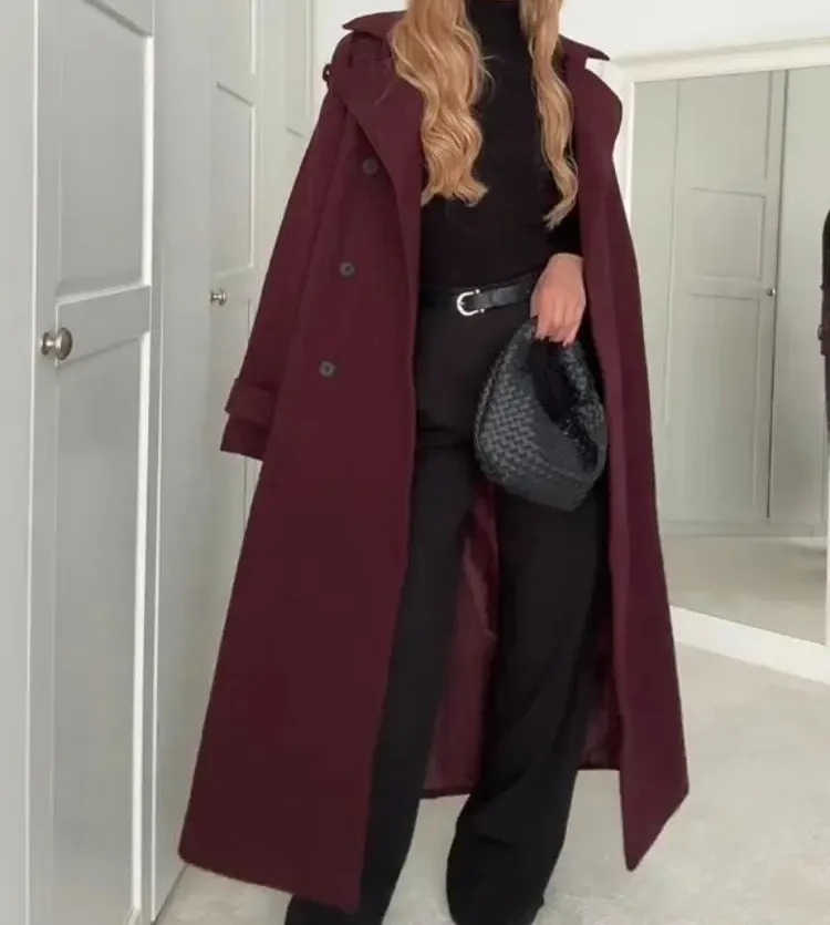 Belted Double-Breasted Long Trench Coat