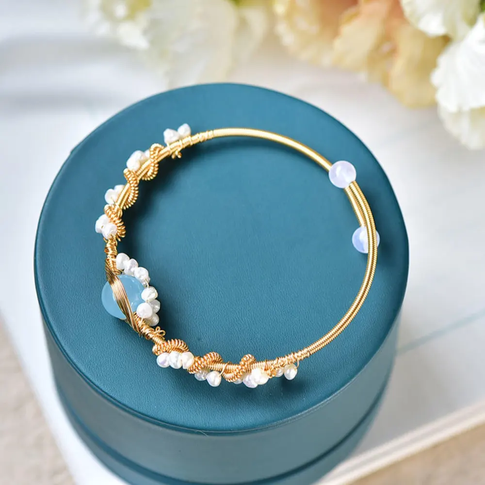 Gold Wire Braided Pearl Cuff Bracelet