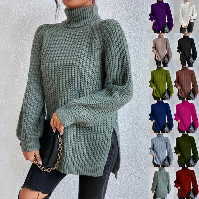 Turtleneck Split-Hem Pullover Sweater