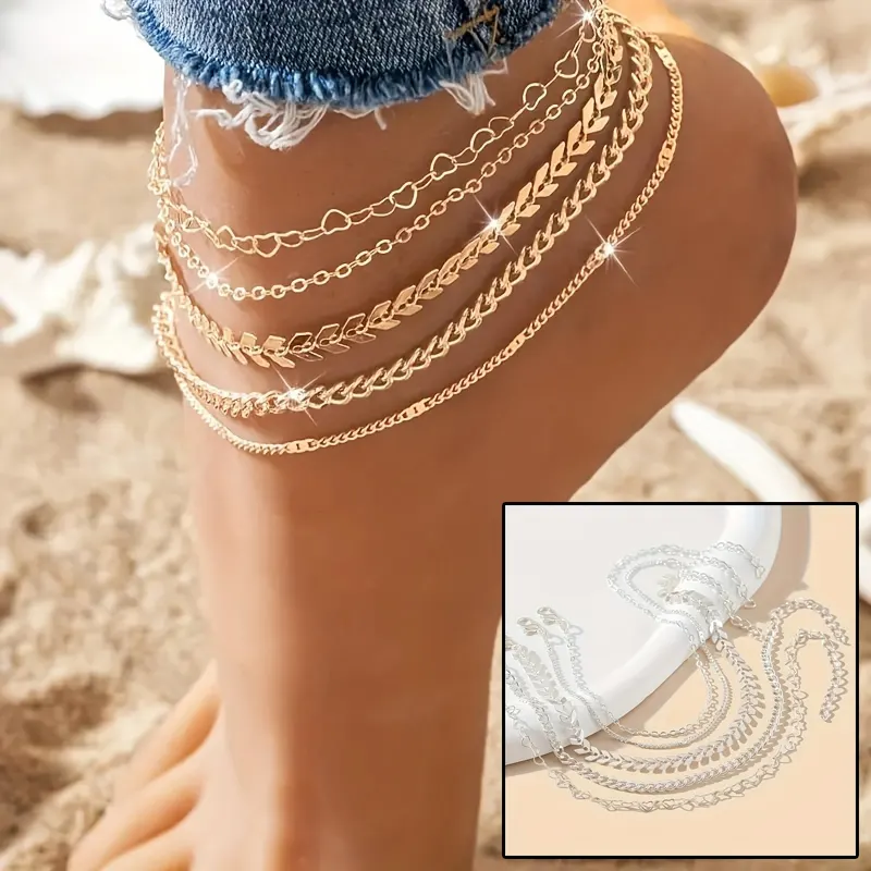 5-Piece Heart and Airplane Ankle Chain Set
